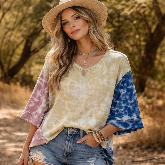 We The Free Free People Top Sz L Multi Tie Dye Oversized Boho Festival Grunge - Picture 1 of 6